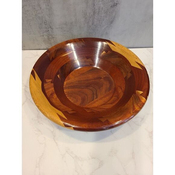 Handmade Serving Fruit Bowl Oak , Cherry, Walnut Patchwork Vintage 1990s Signed - Picture 1 of 11